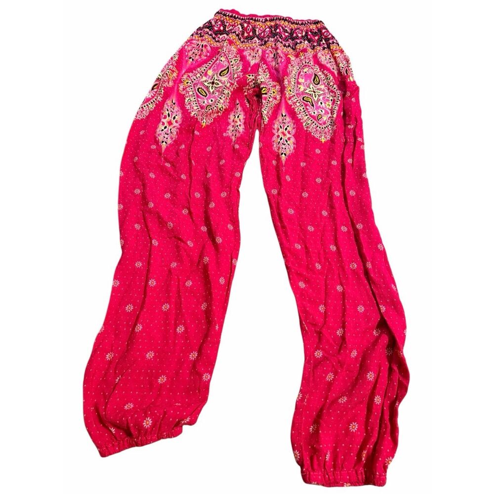 Lafbaz M Vibrant Pink Bohemian Harem Pants Paisley Peacock Pattern Smocked Yoga